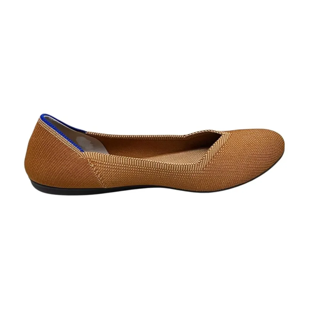 Classic Women's Tan Knit Ballet Flats with Blue Trim